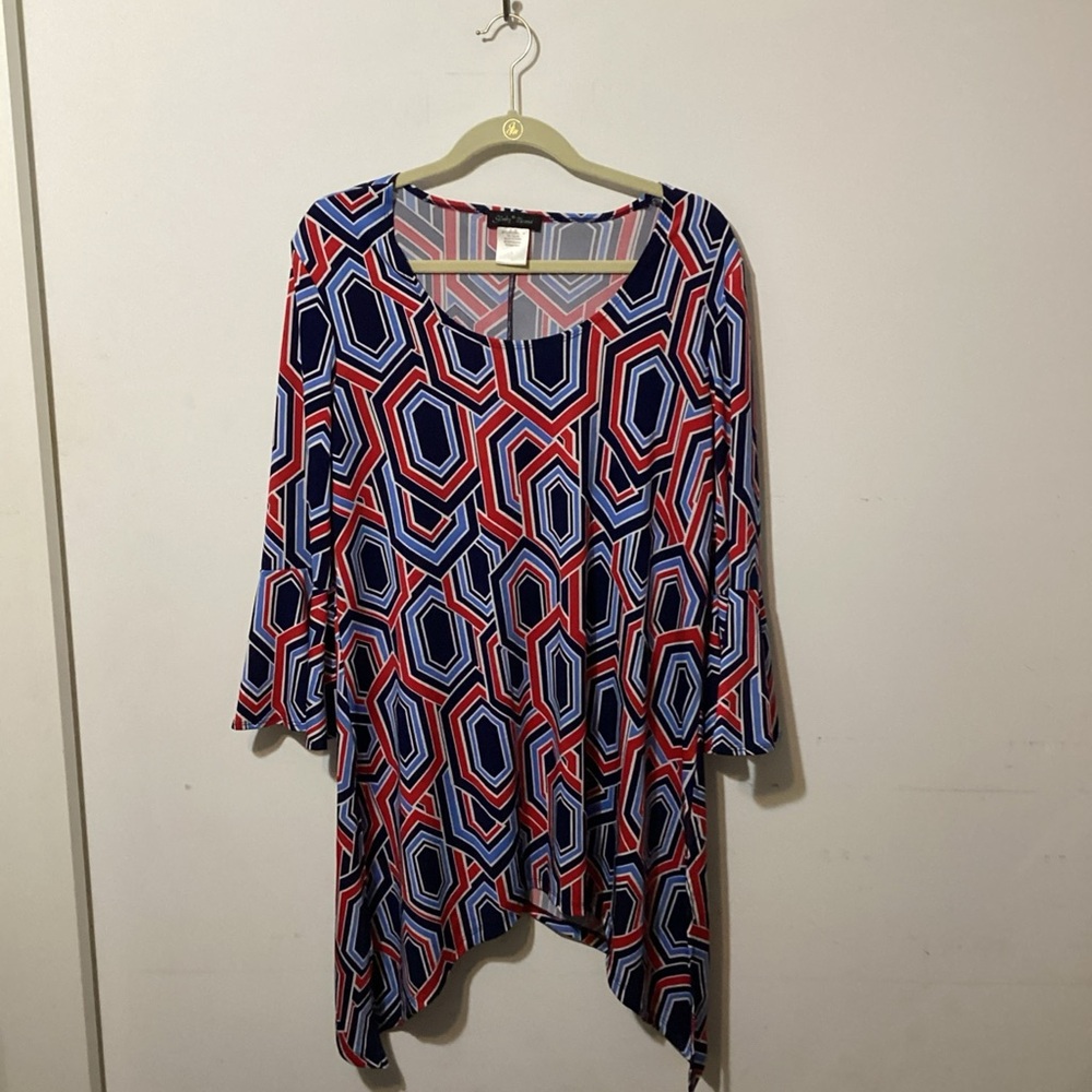 Slinky 70's Inspired Geometric Mod Print Tunic Shark Bite Hem Bell Sleeve Large